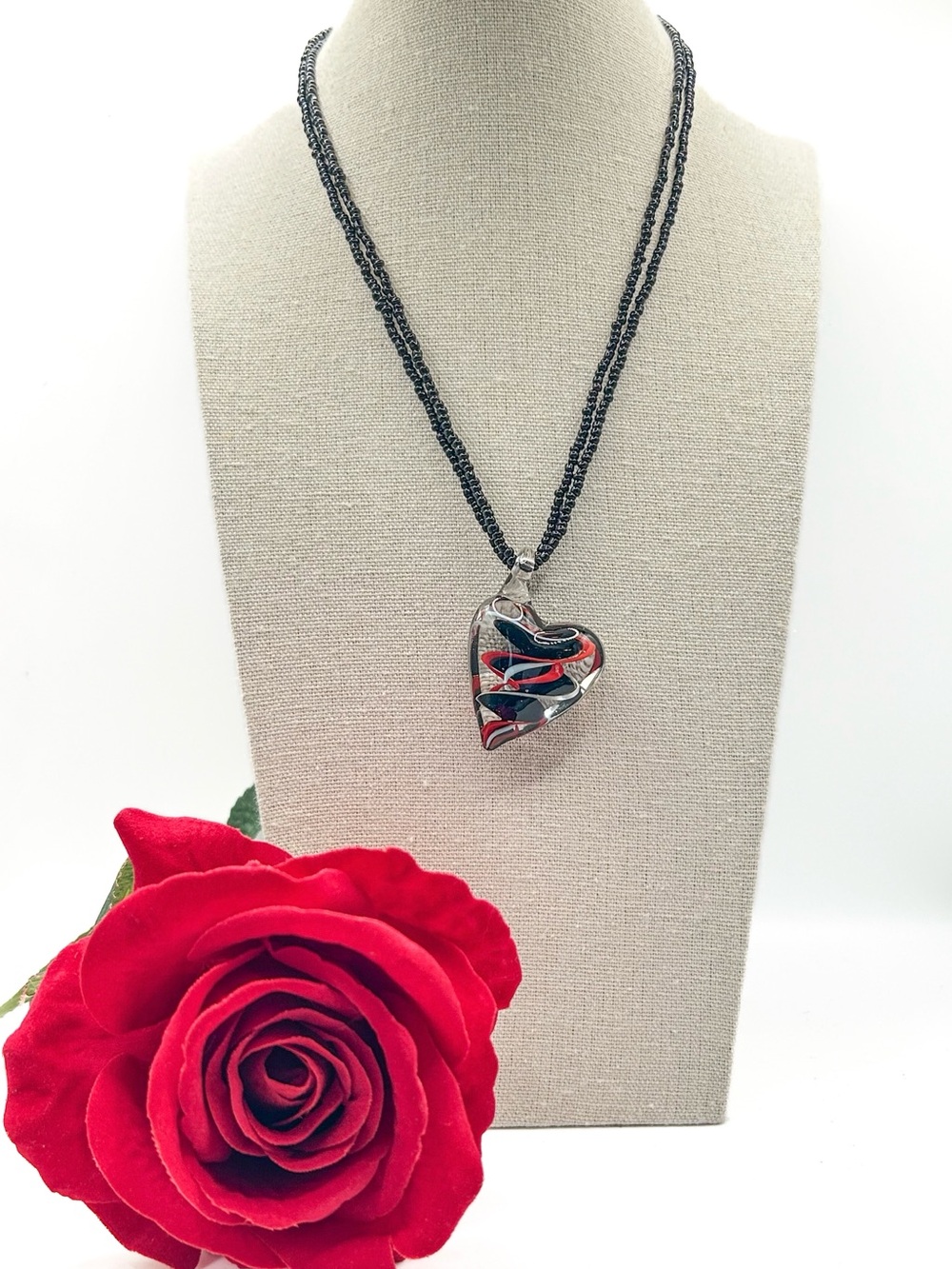 Vintage Y2K Murano Style Glass Heart Necklace, Red Black White Swirl Lampwork